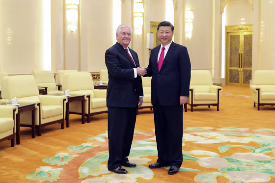 Image: State of Secretary Rex Tillerson shakes hands with China's President Xi Jinping