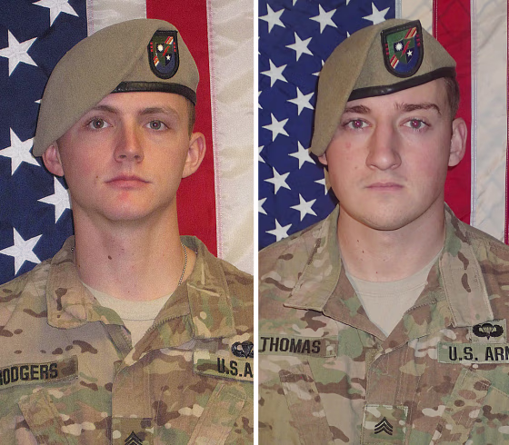 Sgt. Joshua P. Rodgers, left, and Sgt. Cameron H. Thomas were killed while conducting combat operations in Nangarhar Province, Afghanistan.