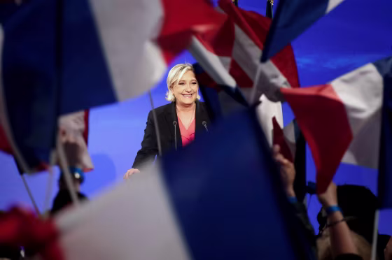 Image: Marine Le Pen, French National Front political party candidate for French 2017 presidential election, concedes defeat at the Chalet du Lac in the Bois de Vincennes in Paris after the second round of 2017 French presidential election