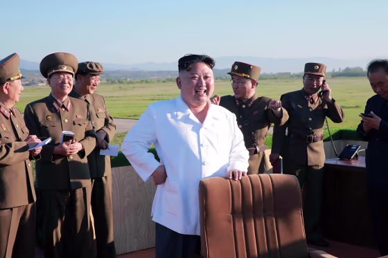 Image: North Korean leader Kim Jong-Un inspecting the test of a new anti-aircraft guided weapon system organized by the Academy of National Defense Science at an undisclosed location, May 28, 2017.