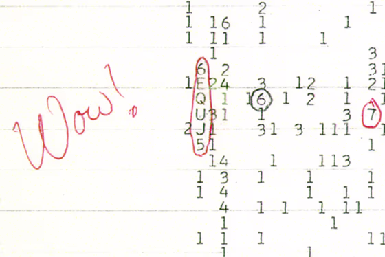 A color scan of the original computer printout of the "Wow!" signal as detected by the Big Ear Radio Observatory in 1977.
