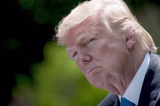 Image: President Donald Trump pauses during a press conference with Romania's President Klaus Iohannis in the Rose Garden of the White House June 9, 2017 in Washington, DC.