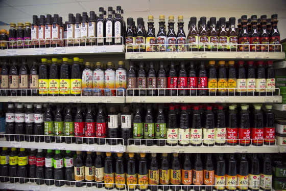 Image: An array of sauces in the Korean Foods superstore in New Malden