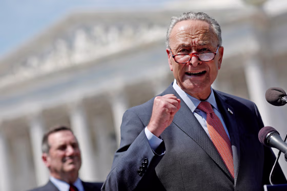 Image: Senate Minority Leader Chuck Schumer speaks during a press conference for the Democrats' new economic agenda on Capitol Hill in Washington