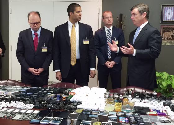 Image: Hundreds of cellphones are displayed after they were seized in a raid from the Lee Correctional Institution, S.C.