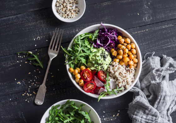 Simple, grab-and-go items like eggs, beans, pre-made rice or grains, salad ingredients like pre-washed greens and veggies make the perfect WFH lunch. 