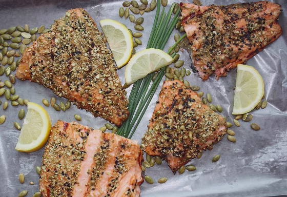 A low-FODMAP diet approved pumpkin and sesame seed crusted salmon.
