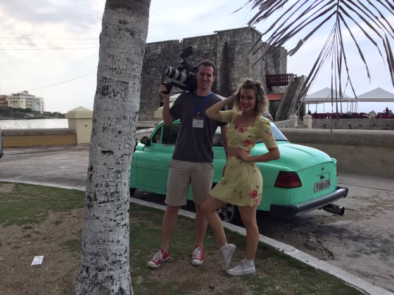 1st Look director and senior producer Brian Mait and host Ashley Roberts on the Malec?n, which stretches along the coast in Havana.