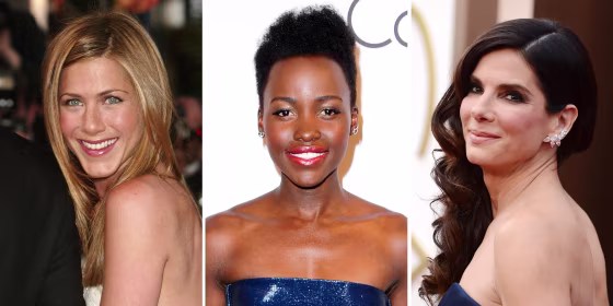 Image: Jennifer Aniston in 2004 in Cannes, France; Lupita Nyong'o in 2014; Sandra Bullock om 2014.