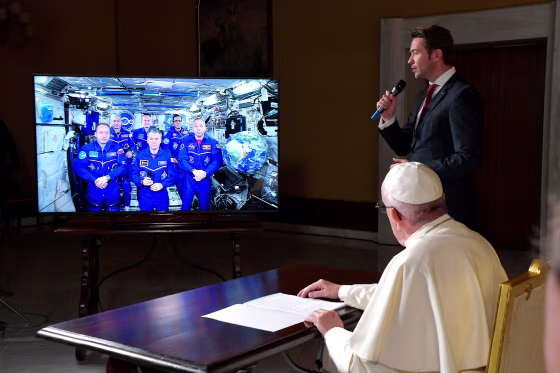 Image: Pope Francis joins a video conference with crew members of the International Space Station