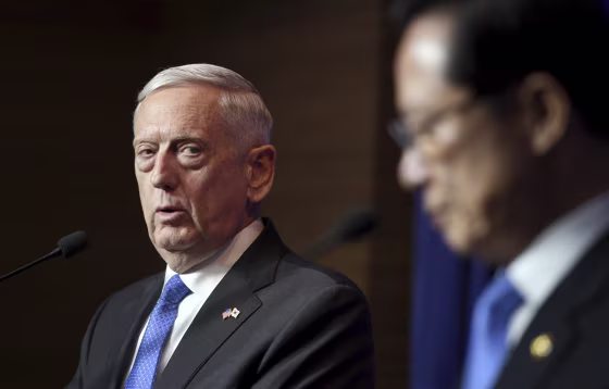 Image: Secretary of Defense James Mattis and South Korea's Defense Minister Song Young-moo discuss North Korea art a news conference in Seoul.
