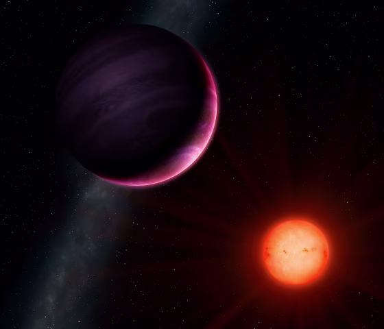 Image: An artist's rendering of the cool red star and gas-giant planet NGTS-1b against the Milky Way.