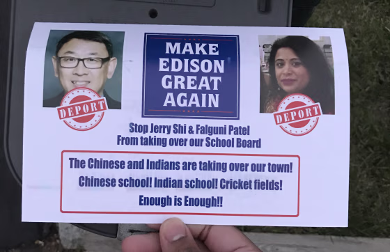 Residents of Edison, New Jersey, received a flyer targeting two Asian-American candidates for school board in the mail this week.