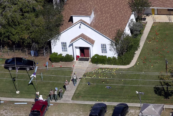 Image: An aerial photo showing the site of a mass shooting at the First Baptist Church of Sutherland Springs,