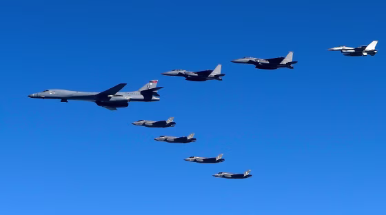 Image: U.S. Air Force B-1B and fighter jets fly over the Korean Peninsula