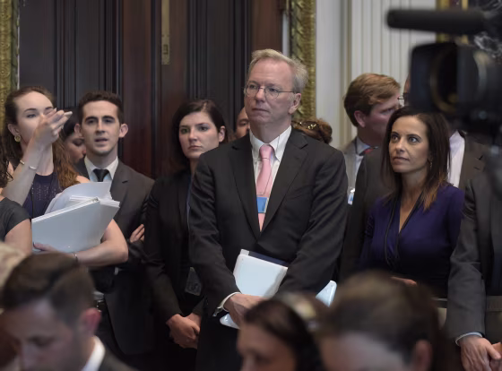 Image: Eric Schmidt listens as White House senior adviser Jared Kushner speaks at the opening session of the White House meeting with technology Chief Executive Officers