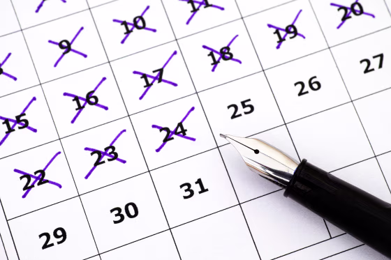 Image: Fountain pen lying on calendar with marking days
