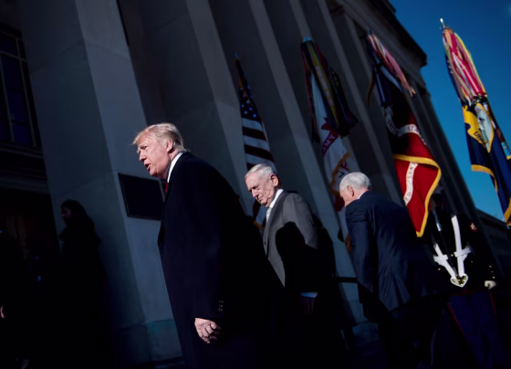 Image: President Donald Trump, Secretary of Defense James Mattis and Vice President Mike Pence walk into the Pentagon for a meeting