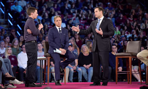 Image: Marjory Stoneman Douglas student Cameron Kasky asks Senator Marco Rubio if he will continue to accept money from the NRA during a CNN town hall meeting, at the BB&T Center, in Sunrise