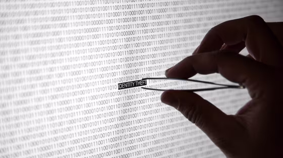 Image: Tweezers held to highlighted identify theft text on monitor