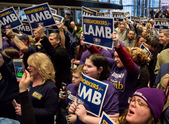 Image: The crowd cheers during a rally for Conor Lamb at the United Steelworkers headquarters