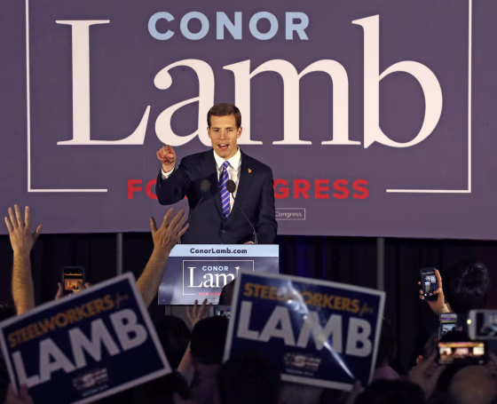 Image: Conor Lamb celebrates with his supporters at his election night party in Canonsburg, Pa.