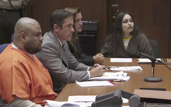 Image: Isauro Aguirre, left and Pearl Sinthia Fernandez, right, sit during their sentencing hearing