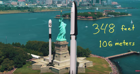 A still from a Corridor Crew video shows the relative sizes of SpaceX rockets and the Statue of Liberty.