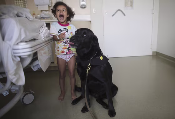 Image: Patient Rayssa plays with Troia, a therapeutically trained dog, during a therapy session in Sao Paulo