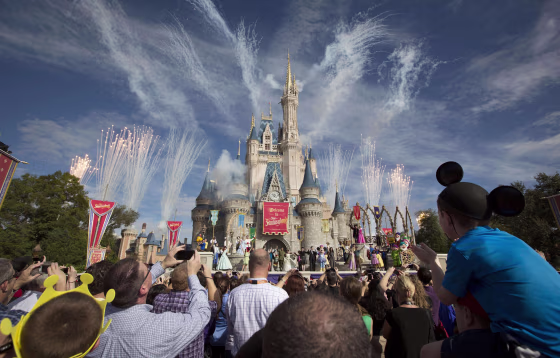 A crowd watches fireworks at Cinderella's castle in Walt Disney World in 2012.