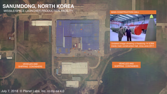 Image: An annotated satellite image North Korea's Sanumdong missile production facility on from July 7, 2018.