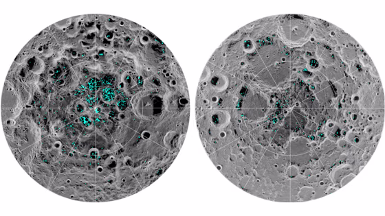 The distribution of surface ice at the Moon's south pole (left) and north pole (right), detected by NASA's Moon Mineralogy Mapper instrument.