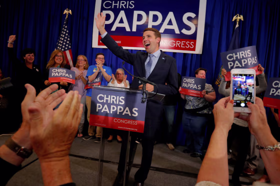 Image: Democratic candidate for the U.S. House of Representatives Pappas takes the stage at his primary election rally in Manchester