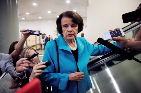 Image: U.S. Senator Feinstein talks to reporters about Kavanaugh Supreme Court nomination on Capitol Hill in Washington