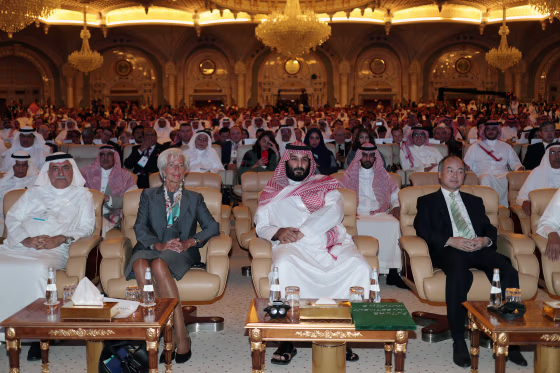 Prince Mohammed bin Salman, Masayoshi Son, Christine Lagarde and Ibrahim Abdulaziz Al-Assaf, attend the Future Investment Initiative conference in Riyadh