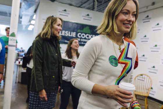 Olivia Wilde, right, before canvassing for her mother, Democratic Congressional candidate, Leslie Cockburn, left, in Charlottesville, Virginia,