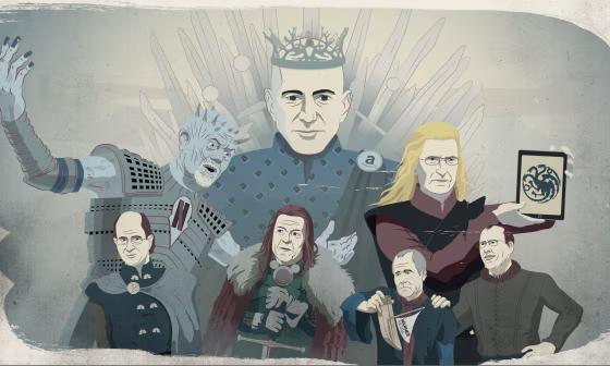 The Streaming Wars: Up top, Amazon CEO Jeff Bezos wears the crown. Middle left, Netflix CEO Reed Hastings. Middle right, Apple CEO Tim Cook. Bottom left, Comcast CEO Brian Roberts. Bottom middle left, Disney CEO Robert Iger. Bottom right, HBO CEO Richard Plepler and AT&T CEO Randall Stephenson.