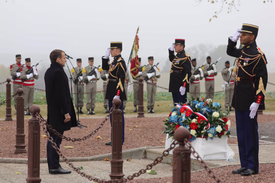 Image: French President Emmanuel Macron arrives to attend a ceremony in tribute to French soldiers killed in August 1914 during border battles, in Morhange