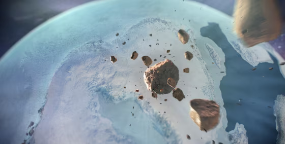 An illustration of asteroids heading towards Greenland.