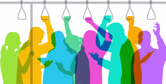 Illustration of people looking at the mobile phones while riding the subway