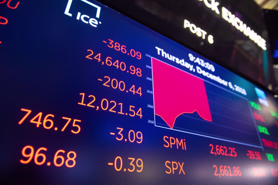 Image: The opening numbers of the Dow Industrial Average at the New York Stock Exchange on Dec. 6, 2018.
