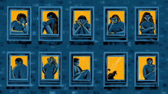 Illustration of lonely looking people inside windows of a building