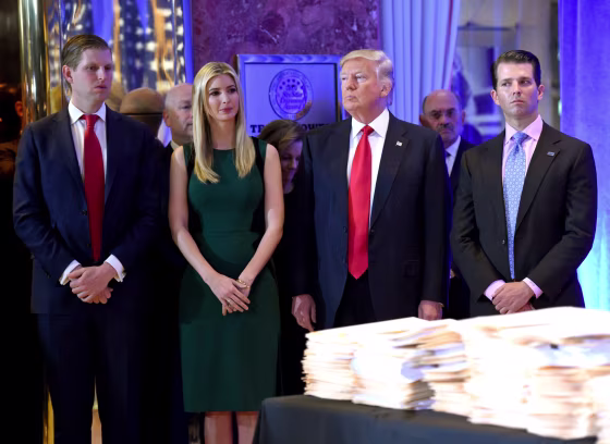 Then President-elect Donald Trump stands with his children Eric, left, Ivanka and Donald Jr. at Trump Tower in New York on Jan. 11, 2017.