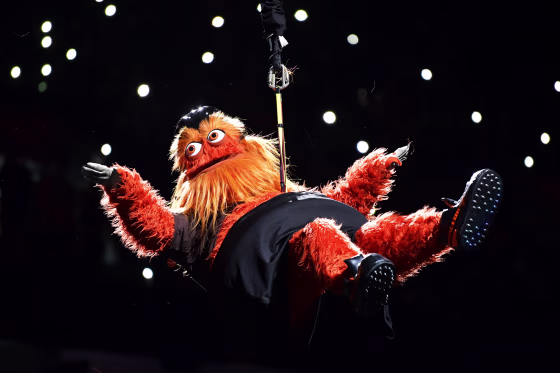 Image: Philadelphia Flyers mascot Gritty drops onto the ice at Wells Fargo Center in Philadelphia on Nov. 23, 2018.