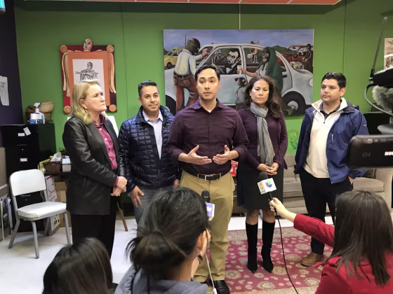 Democrat Rep. Joaquin Castro, chairman of the Congressional Hispanic Caucus, (center), discusses the death of a young girl who was in CBP custody. Also shown are Reps. Sylvia Garcia of Texas, Ben Ray Lujan of New Mexico, Rep-elect Veronica Escobar of Texas, and Rep. Raul Ruiz of California.