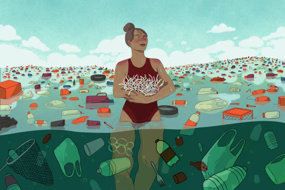 Illustration of woman holding straws in an ocean full of plastic garbage.