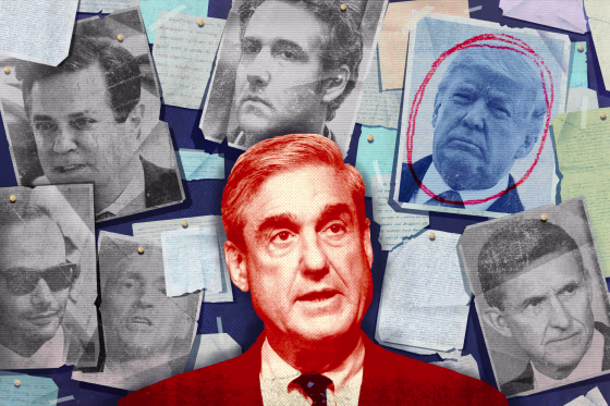 Photo illustration of Robert Mueller, Donald Trump, George Papadopoulos, Michael Flynn, Michael Cohen, and Carter Page.