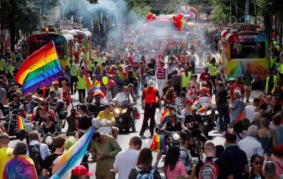 Image: Revelers march in the pride parade in Vienna, Austria, on June 18, 2016.