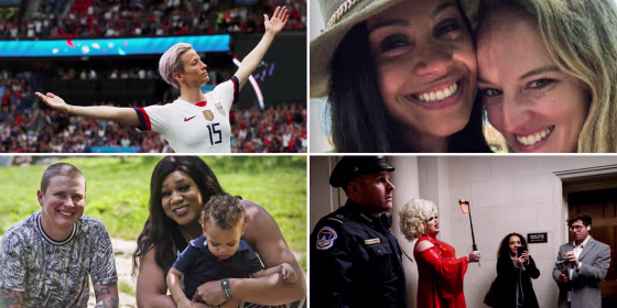 Clockwise from top, Megan Rapinoe of the U.S. women's soccer team; NBC News anchor Meagan Fitzgerald and her fiancee Kelly Heath; Pissi Myles reports from Capitol Hill; transgender couple Jay Thomas and Jamie Brewster with their son.