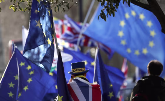 Image: Demonstrators protest Brexit near Parliament in London on Jan. 14, 2019.